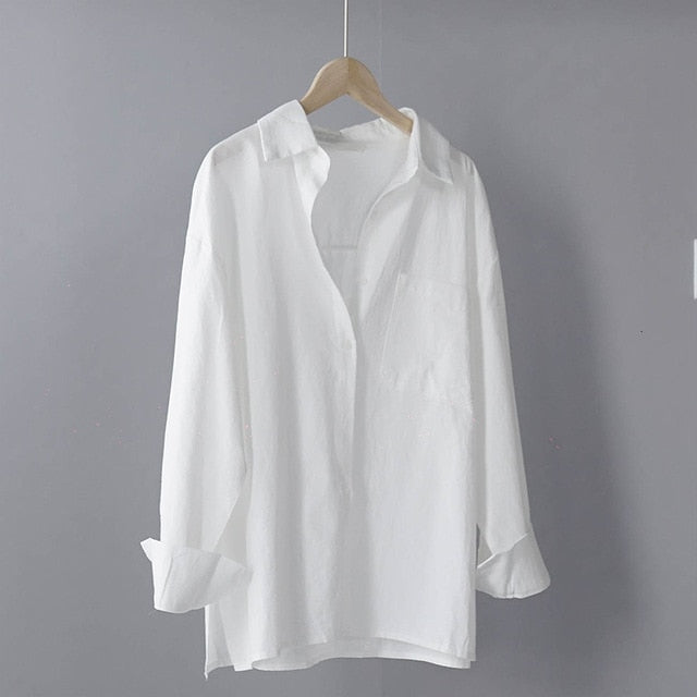 Lizkova 100% Cotton White Blouse Women Japenese Oversized Shirt 2020 Lapel Long Sleeve Ladies Casual Tops 8887