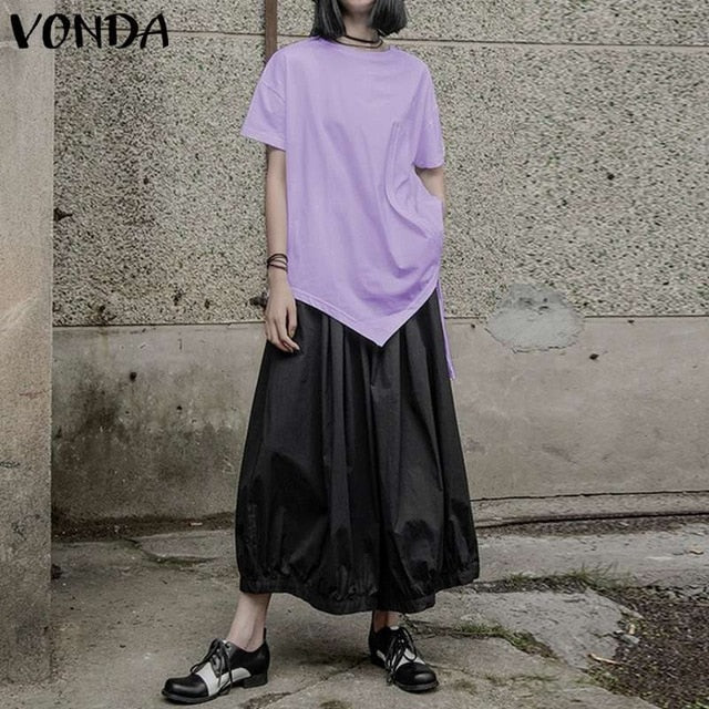 White Tops Women Casual Blouse VONDA 2020 Summer Sexy Short Sleeve O Neck Split Hem Party Shirts Plus Size Blusa Women Tunic