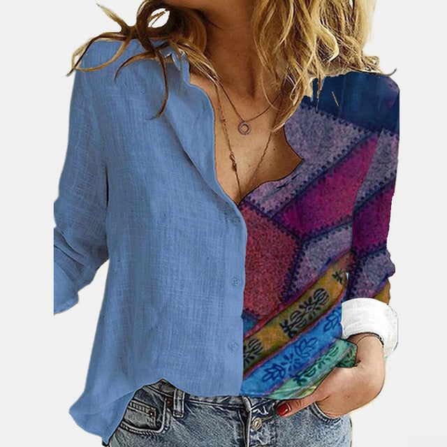 Casual Cute Cats Print Autumn Blouse Shirts Women Vintage Button Turn-Down Collar Tops Office Lady Elegant Long Sleeve Blusa 5XL