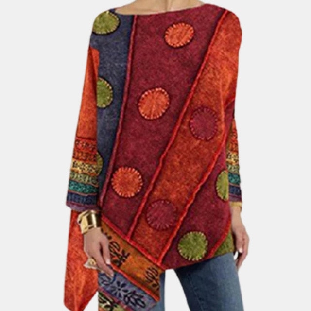 Vintage Abstract Face Printed Irregular Shirt Women O Neck Long Sleeve Autumn Blouse Casual Loose Oversize Pullover Harajuku Top