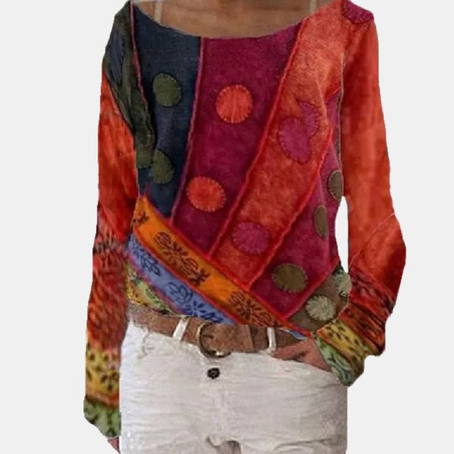 Vintage Abstract Face Printed Irregular Shirt Women O Neck Long Sleeve Autumn Blouse Casual Loose Oversize Pullover Harajuku Top