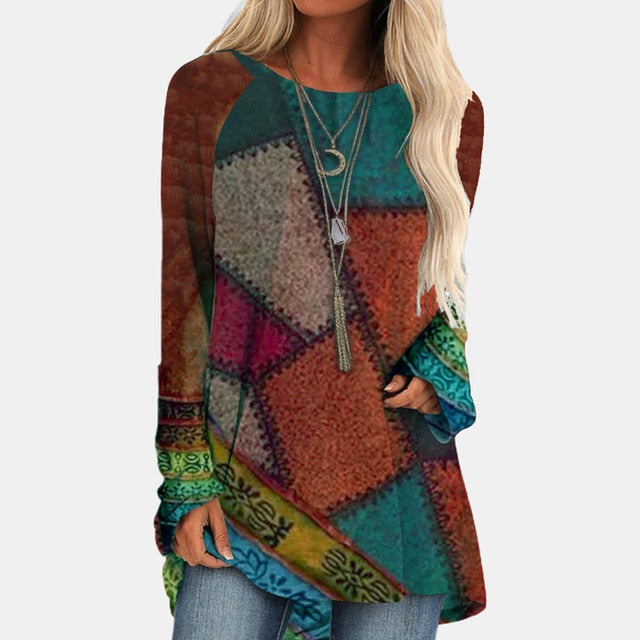 Vintage Abstract Face Printed V Neck Blouse Shirt Women Autumn Long Sleeve Irregular Tops Pullover Casual Loose Harajuku Blouses