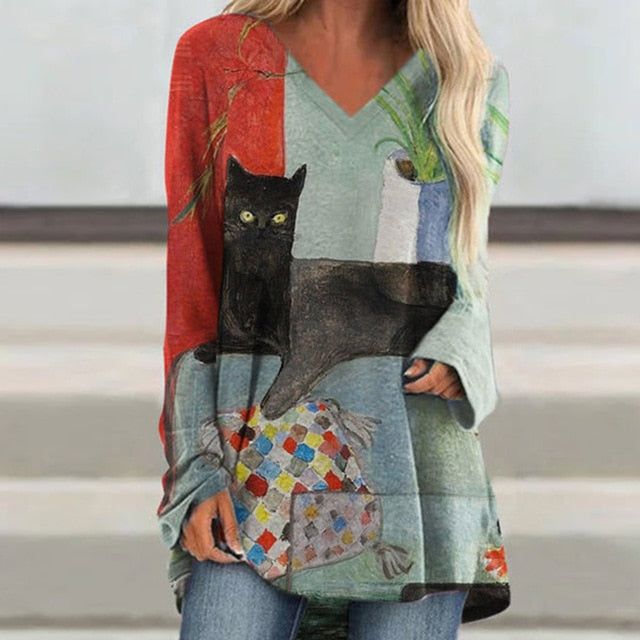 Vintage Abstract Face Printed V Neck Blouse Shirt Women Autumn Long Sleeve Irregular Tops Pullover Casual Loose Harajuku Blouses