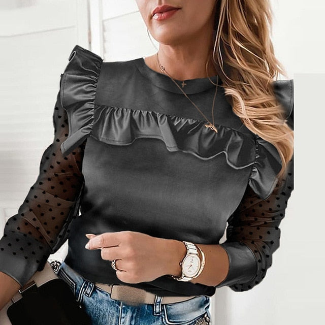 Autumn Elegant Lace Women Blouses Shirt Fashion New Ruffles Long Sleeve Shirts Tops Office Lady Vintage O Neck Hollow Out Blusas