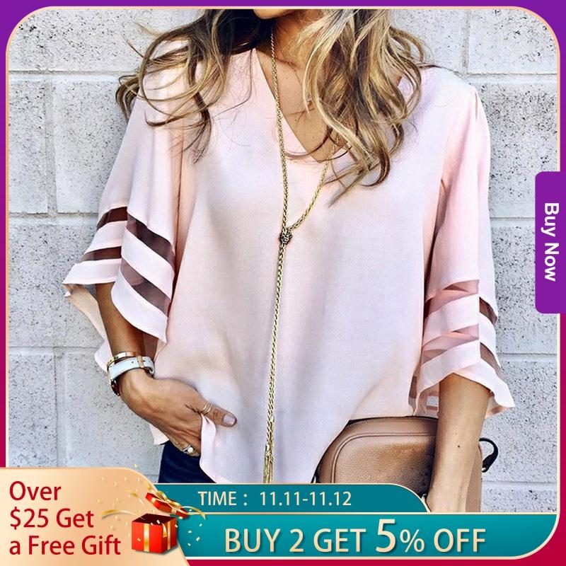 Gentillove 2019 Women V Neck Flared Sleeves Blouse Female Shirt Casual Loose Mesh Patchwork Shirts Plus Size Tops Femme blusas