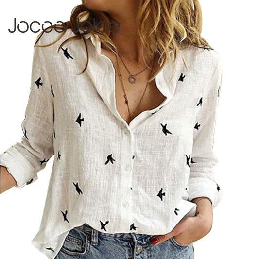 Jocoo Jolee Women Casual Birds Print Blouse Spring Summer Long Sleeve Cotton and Linen Loose Shirt Vintage Tops Tunic Plus Size