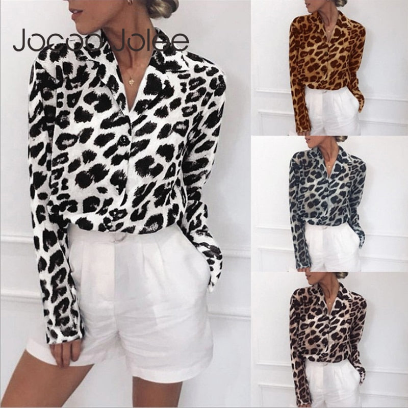 Chiffon Blouse Long Sleeve Sexy Leopard Print Blouse Turn Down Collar Lady Office Shirt Tunic Casual Loose Tops Plus Size Blusas