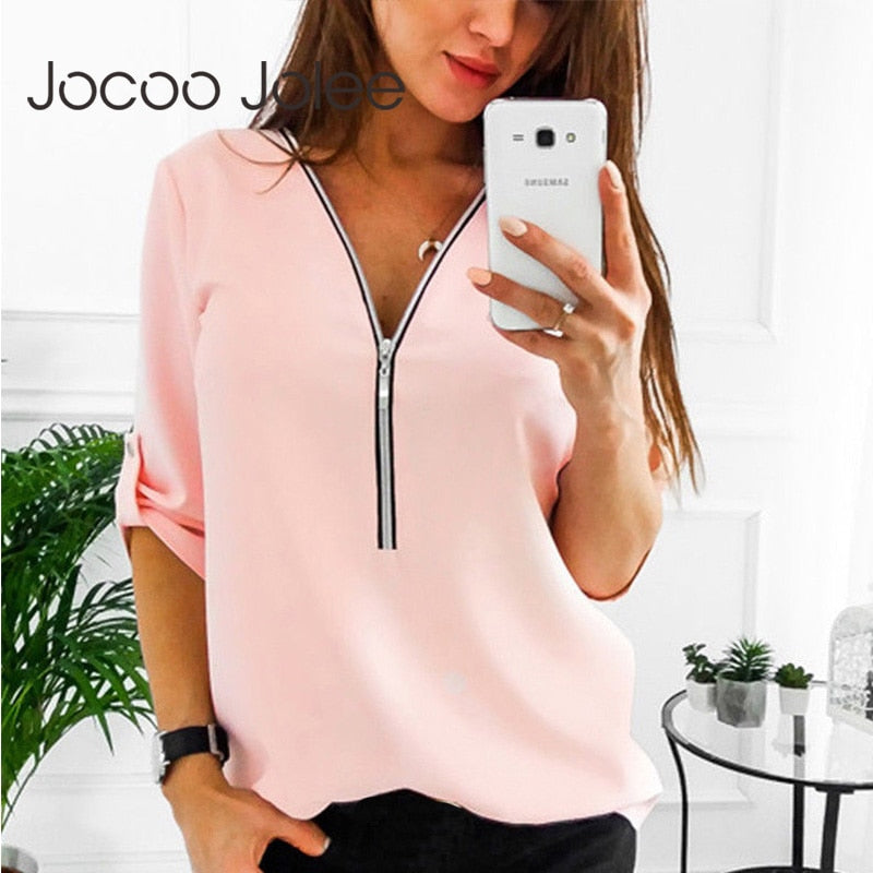 Zipper Short Sleeve Women Shirts Sexy V Neck Solid Womens Tops And Blouses Casual Tee Shirts Tops Female Clothes Plus Size 5XL