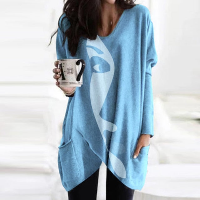 Elegant Women Abstract Face Print Blouse Shirt Autumn Long Sleeve Pockets Irregular Ladies Tops Casual V Neck Female Shirt Blusa