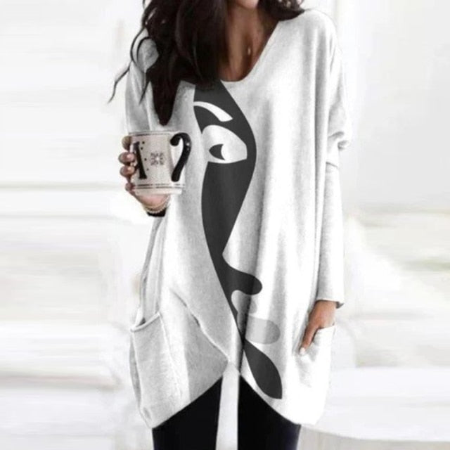 Elegant Women Abstract Face Print Blouse Shirt Autumn Long Sleeve Pockets Irregular Ladies Tops Casual V Neck Female Shirt Blusa
