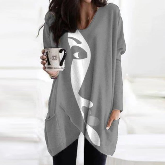 Elegant Women Abstract Face Print Blouse Shirt Autumn Long Sleeve Pockets Irregular Ladies Tops Casual V Neck Female Shirt Blusa