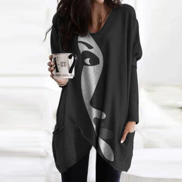 Elegant Women Abstract Face Print Blouse Shirt Autumn Long Sleeve Pockets Irregular Ladies Tops Casual V Neck Female Shirt Blusa