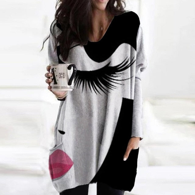 Elegant Women Abstract Face Print Blouse Shirt Autumn Long Sleeve Pockets Irregular Ladies Tops Casual V Neck Female Shirt Blusa
