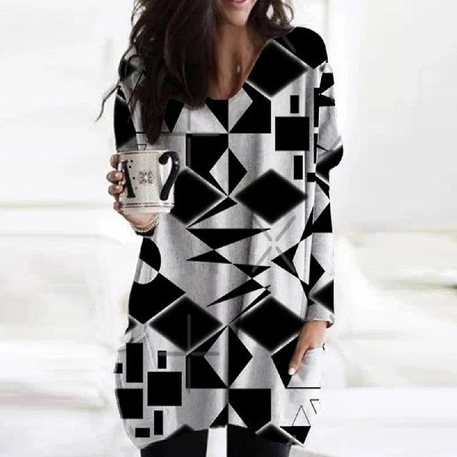 Elegant Women Abstract Face Print Blouse Shirt Autumn Long Sleeve Pockets Irregular Ladies Tops Casual V Neck Female Shirt Blusa