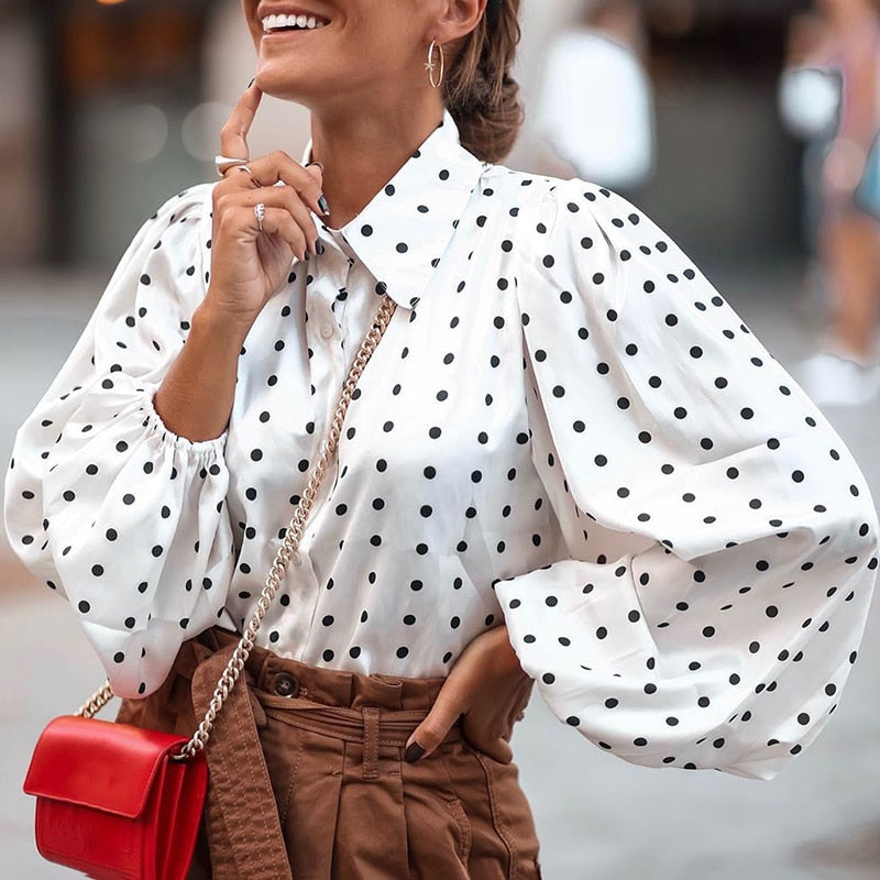 Women Blouses 2020 Autumn Polka Dot Shirt 5XL Celmia Long Lantern Sleeve Lapel Neck Elegant Office Ladies Stylish Tops Plus Size