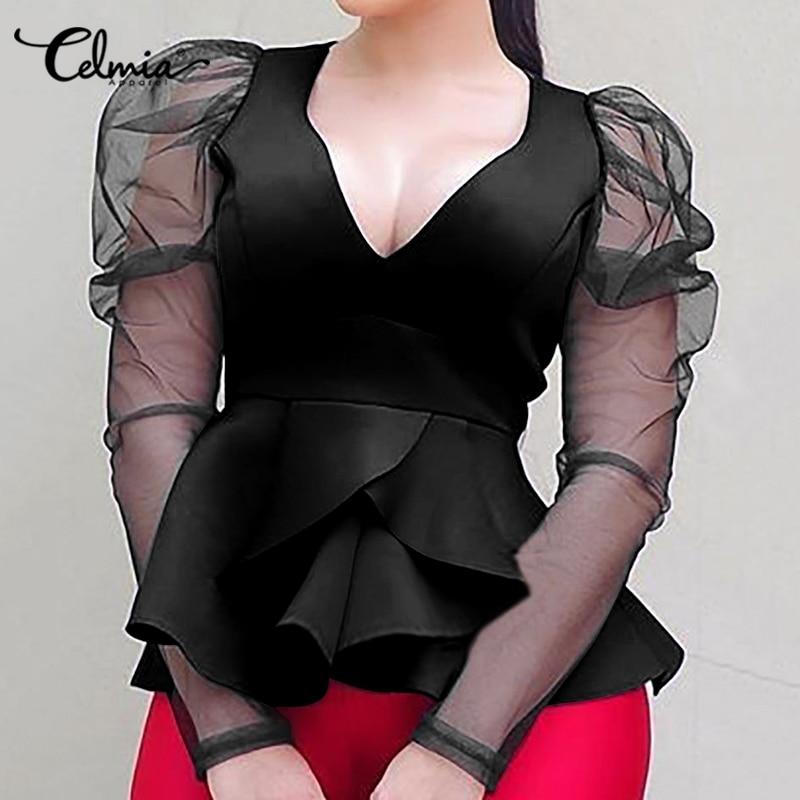 Celmia Fashion Women Peplum Shirts 5XL Autumn V neck Mesh Sheer Tops Puff Sleeve Ruffles Blouse Casual Solid Party Blusas Female