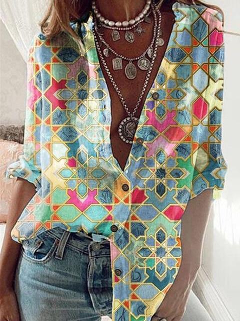 Printed long-sleeved shirt women's casual large size loose shirt fashion new women's tops