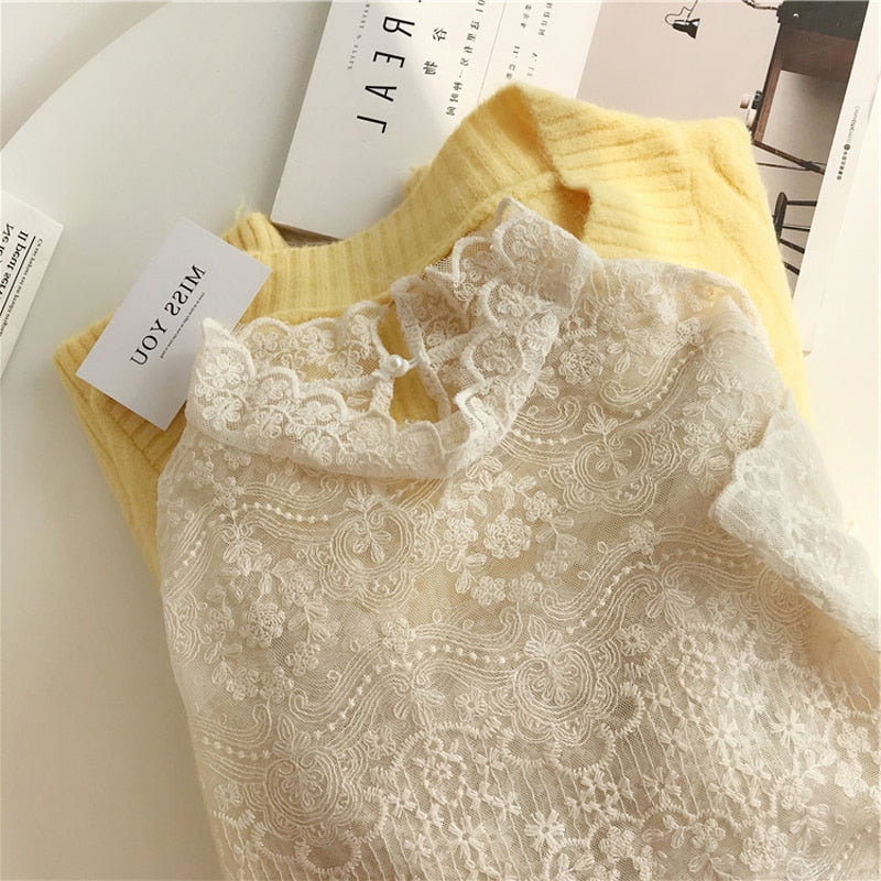 Lace Bottoming Shirt Women's 2020 Western Style Autumn and Winter Korean Sweater with Half-Collar Hollow Princess Style Top