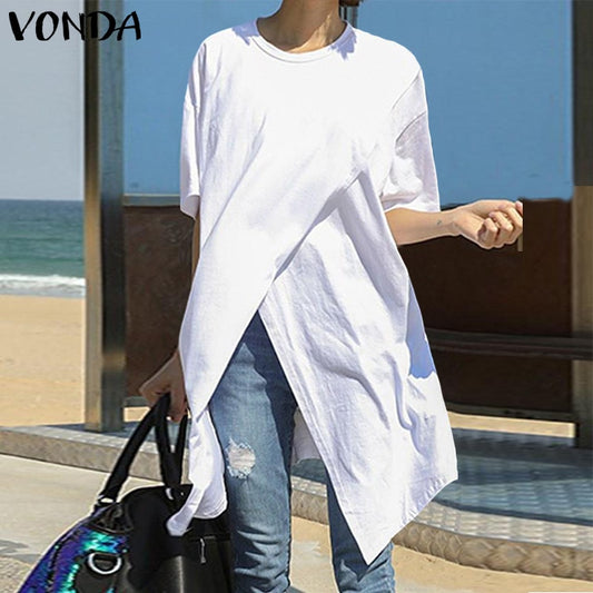 White Tops Women Casual Blouse VONDA 2020 Summer Sexy Short Sleeve O Neck Split Hem Party Shirts Plus Size Blusa Women Tunic