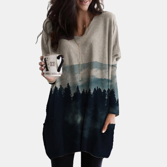 Elegant Women Abstract Face Print Blouse Shirt Autumn Long Sleeve Pockets Irregular Ladies Tops Casual V Neck Female Shirt Blusa