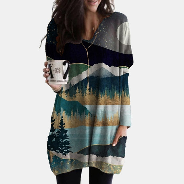 Elegant Women Abstract Face Print Blouse Shirt Autumn Long Sleeve Pockets Irregular Ladies Tops Casual V Neck Female Shirt Blusa