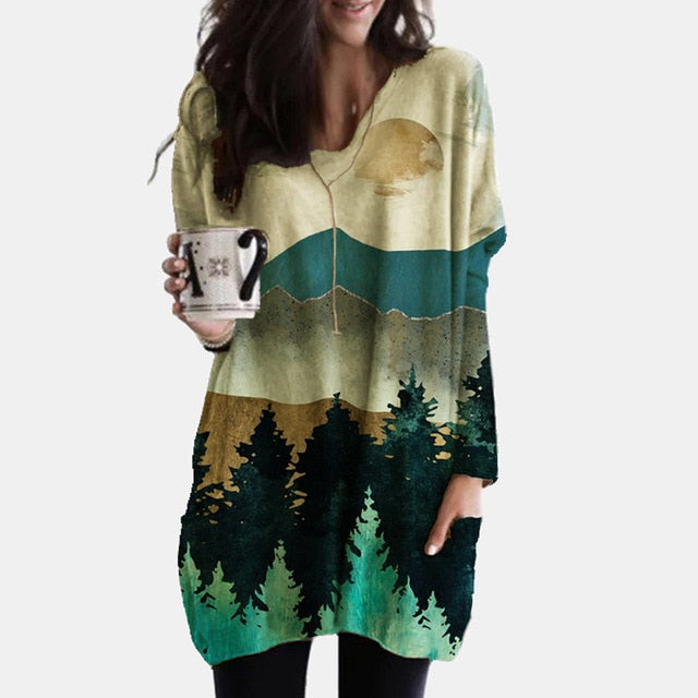 Elegant Women Abstract Face Print Blouse Shirt Autumn Long Sleeve Pockets Irregular Ladies Tops Casual V Neck Female Shirt Blusa