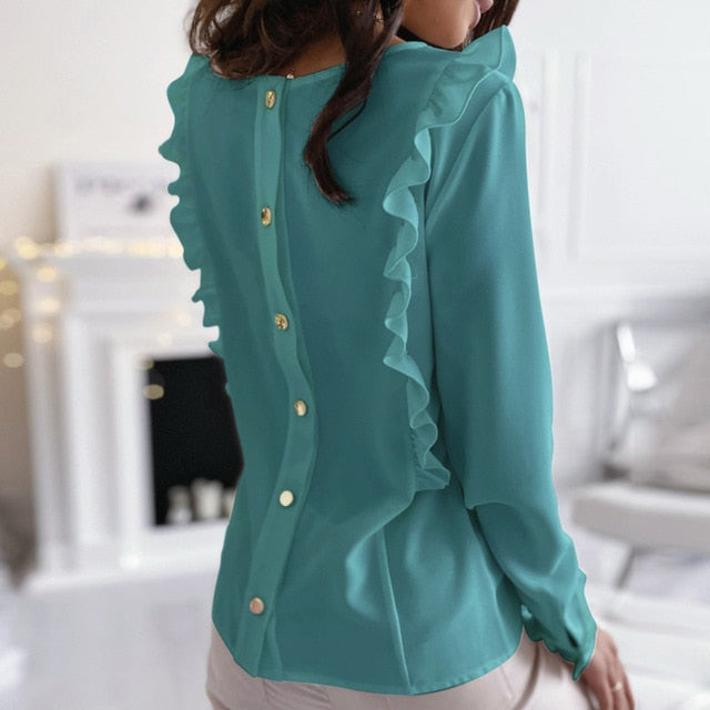 Women Elegant Solid color Ruffle blouse shirt 2020 Summer O Neck Pleated Blusa Lady 3XL New Casual Button sleeveless tops blusa