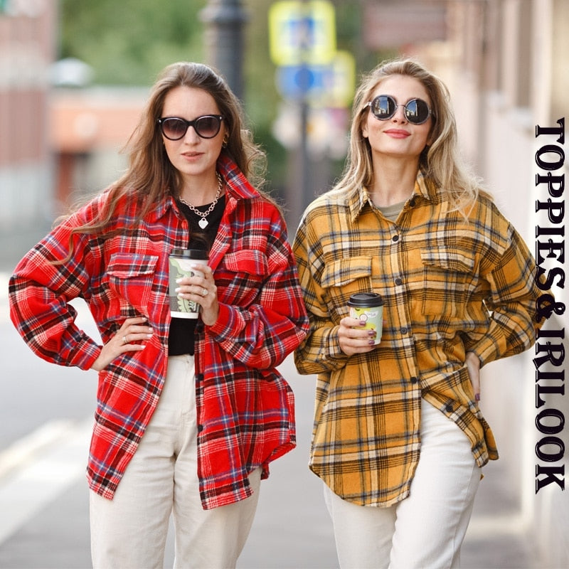 Toppies 2020 vintage plaid shirt jackets women oversized shirts ladies tops plus size clothing fall