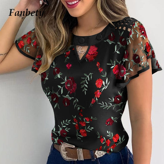Elegant Butterfly Short Sleeves blouse shirts Women 2020 Summer O Neck Solid  Ruffle Tops Casual Hollow Out Loose Pullover Blusa