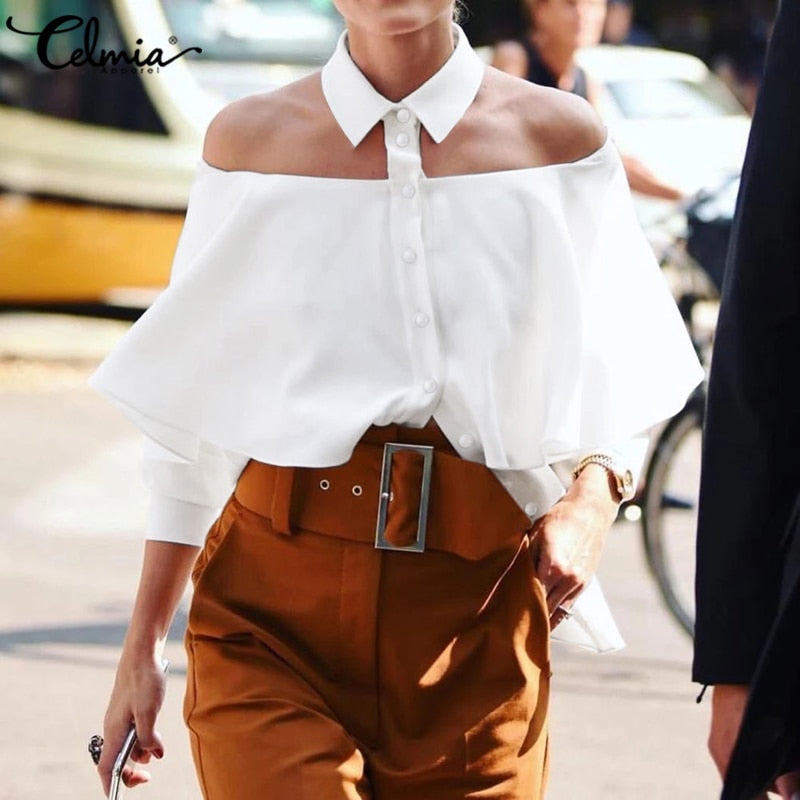 Celmia Top Fashion Women Off Shoulder Sexy Halter Shirts 2020 Autumn White Blouse 3/4 Sleeve Casual Solid Office Elegant Blusas