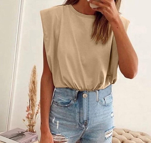 IMucci Shoulder Pad Women Tops Sleeveless O-Neck Solid Color Streetwear Fashion Shirts  Summer 2020 New Female Casual Clothing