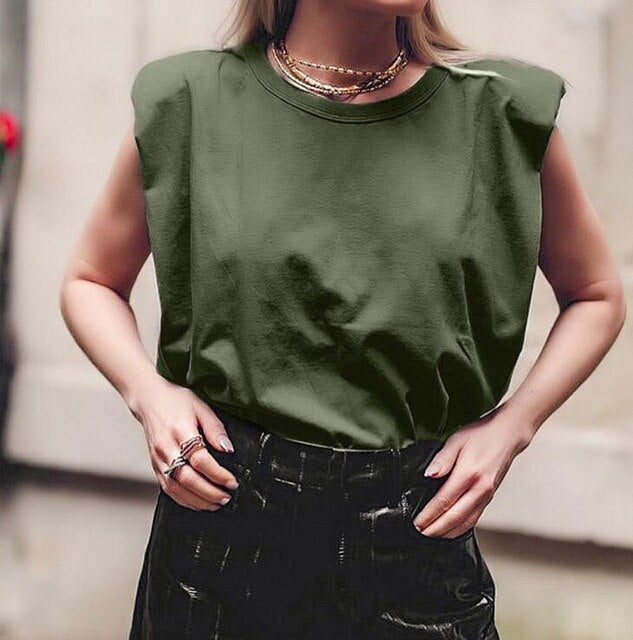 IMucci Shoulder Pad Women Tops Sleeveless O-Neck Solid Color Streetwear Fashion Shirts  Summer 2020 New Female Casual Clothing