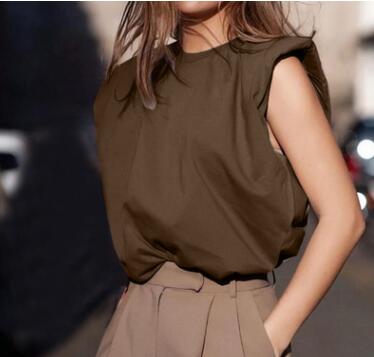 IMucci Shoulder Pad Women Tops Sleeveless O-Neck Solid Color Streetwear Fashion Shirts  Summer 2020 New Female Casual Clothing
