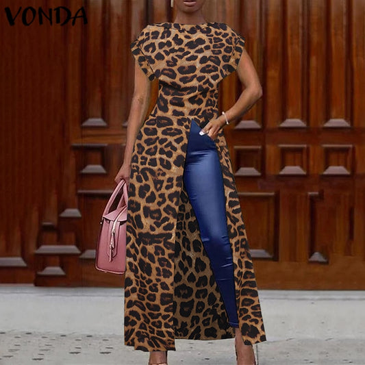 Leopard Blouse Women Tunic VONDA 2020 Summer Tops Vintage Long Shirts Office Holiday Split Hem Party Tops Plus Size Blusa