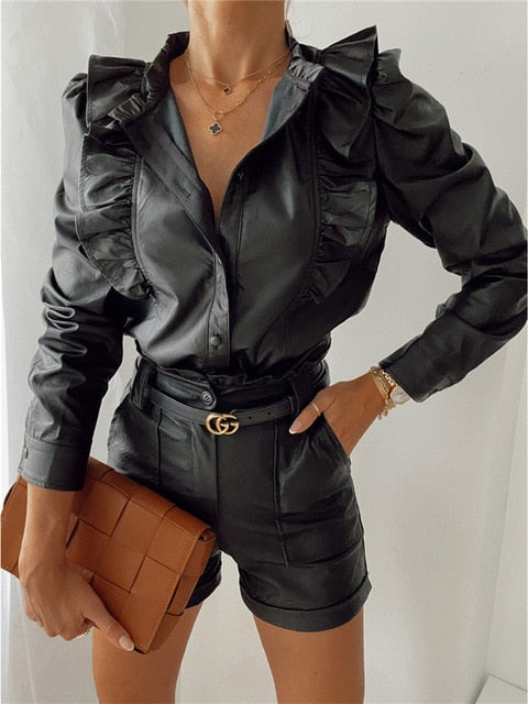 Autumn Women Black PU Leather Ruffle Shirts Zaraing Formal Capable Able Female Lapel Long Sleeve Buttoned Blouse Tops