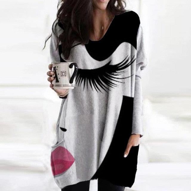 Vintage Abstract Printed Long Sleeve Shirt Women Elegant V Neck Loose Long Tops Blouse Autumn Pockets Irregular Oversized Shirts