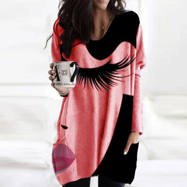 Vintage Abstract Printed Long Sleeve Shirt Women Elegant V Neck Loose Long Tops Blouse Autumn Pockets Irregular Oversized Shirts