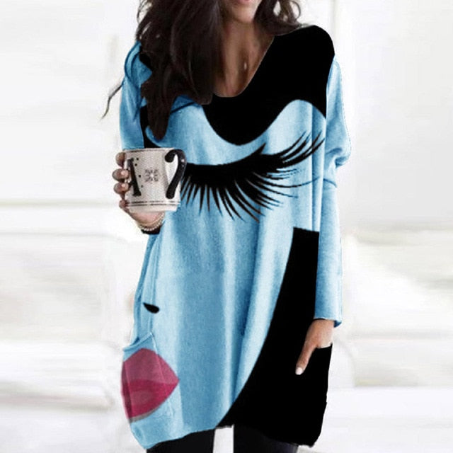 Vintage Abstract Printed Long Sleeve Shirt Women Elegant V Neck Loose Long Tops Blouse Autumn Pockets Irregular Oversized Shirts