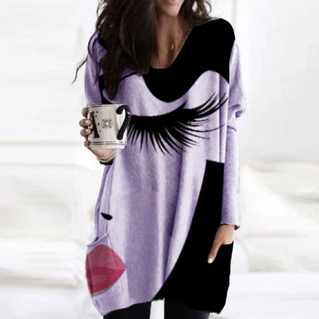 Vintage Abstract Printed Long Sleeve Shirt Women Elegant V Neck Loose Long Tops Blouse Autumn Pockets Irregular Oversized Shirts