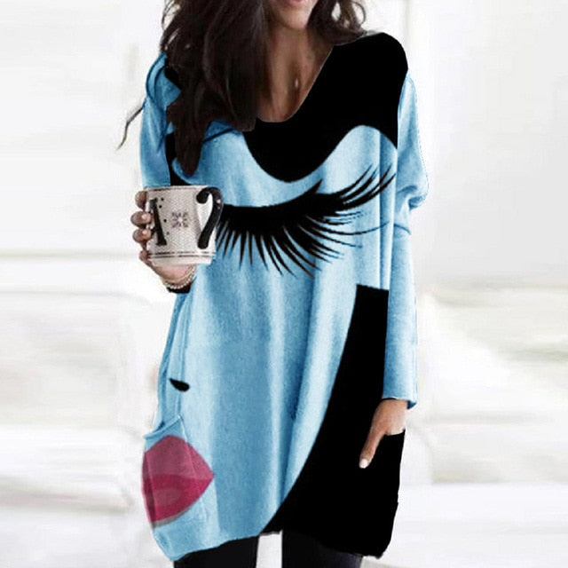 Elegant Women Abstract Face Print Blouse Shirt Autumn Long Sleeve Pockets Irregular Ladies Tops Casual V Neck Female Shirt Blusa