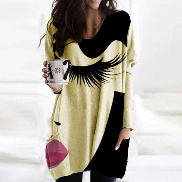 Elegant Women Abstract Face Print Blouse Shirt Autumn Long Sleeve Pockets Irregular Ladies Tops Casual V Neck Female Shirt Blusa