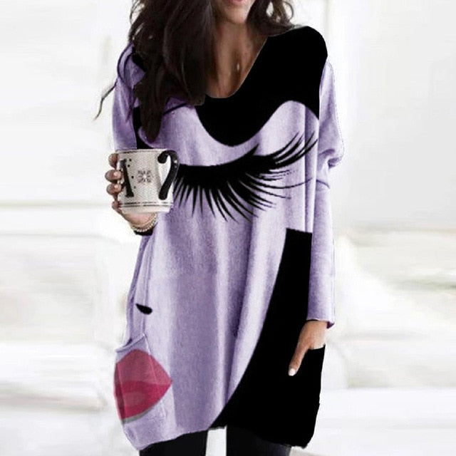 Elegant Women Abstract Face Print Blouse Shirt Autumn Long Sleeve Pockets Irregular Ladies Tops Casual V Neck Female Shirt Blusa