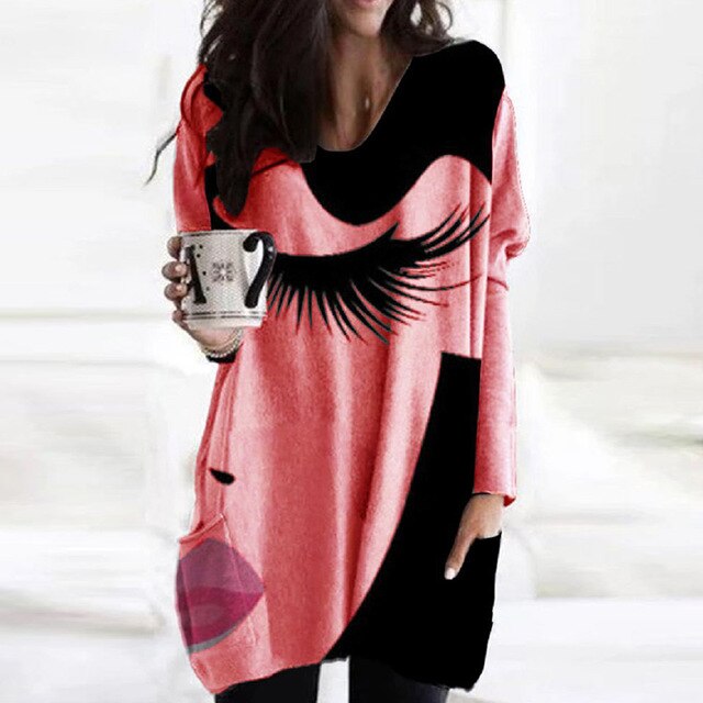 Elegant Women Abstract Face Print Blouse Shirt Autumn Long Sleeve Pockets Irregular Ladies Tops Casual V Neck Female Shirt Blusa