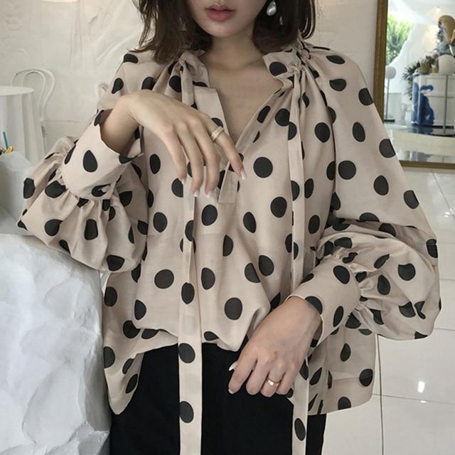 Celmia Vintage Women Polka Dot Blouse Lantern Sleeve Casual Shirt Plus Size Stylish Tunic Top Fashion Stand Collar Bow Tie Blusa