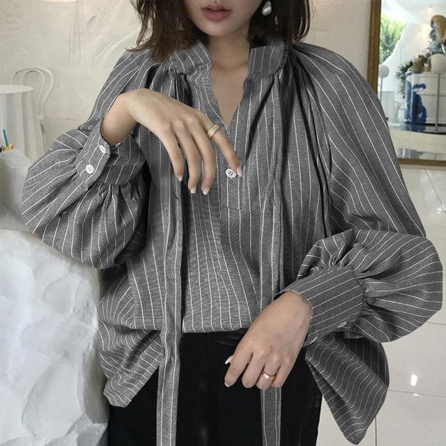 Celmia Vintage Women Polka Dot Blouse Lantern Sleeve Casual Shirt Plus Size Stylish Tunic Top Fashion Stand Collar Bow Tie Blusa