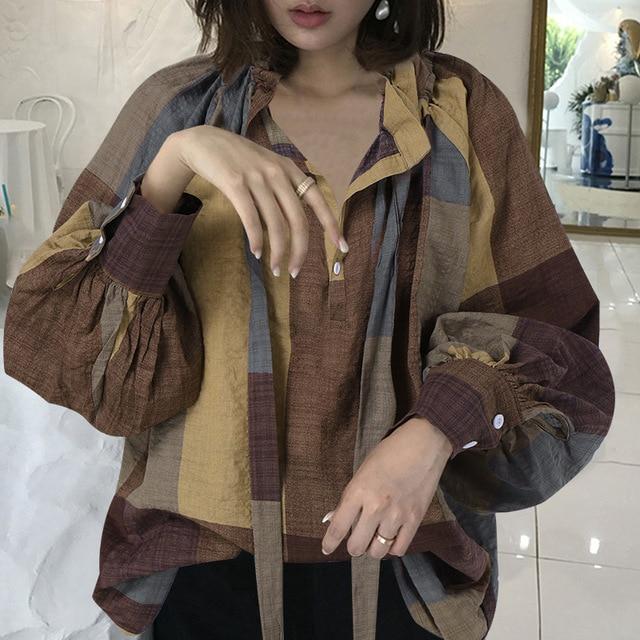 Celmia Vintage Women Polka Dot Blouse Lantern Sleeve Casual Shirt Plus Size Stylish Tunic Top Fashion Stand Collar Bow Tie Blusa