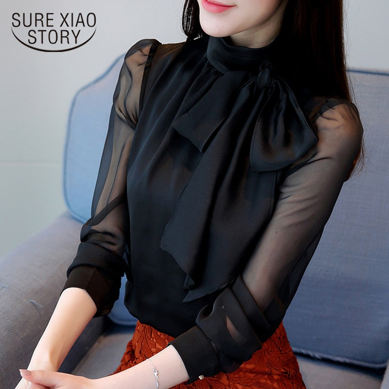 2020 New Summer Fashion Tunic Women Blouse Shirts Long Sleeve Tie Bow Chiffon Turtleneck Formal Women White Black Shirts 0599 30