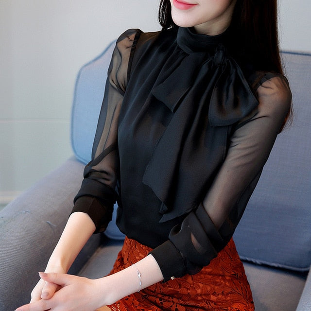 2020 New Summer Fashion Tunic Women Blouse Shirts Long Sleeve Tie Bow Chiffon Turtleneck Formal Women White Black Shirts 0599 30