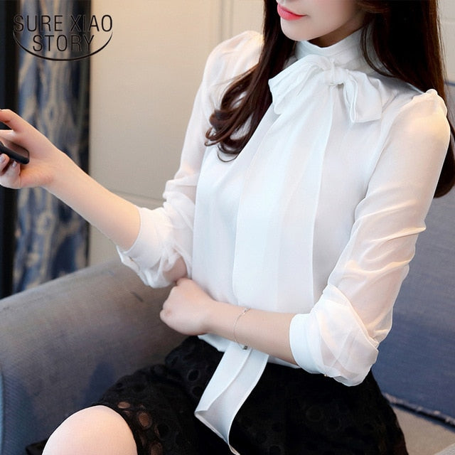 2020 New Summer Fashion Tunic Women Blouse Shirts Long Sleeve Tie Bow Chiffon Turtleneck Formal Women White Black Shirts 0599 30