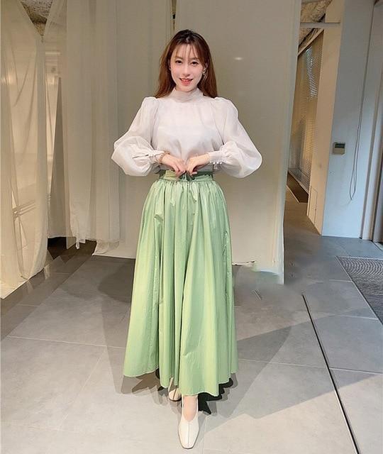 2020 autumn and winter Japanese new wild sweet round neck lantern sleeve tulle bow tie shirt top women